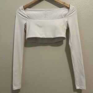 CSB Women's White Long Sleeve Square Neck Crop Top Size Medium Minimalist Active